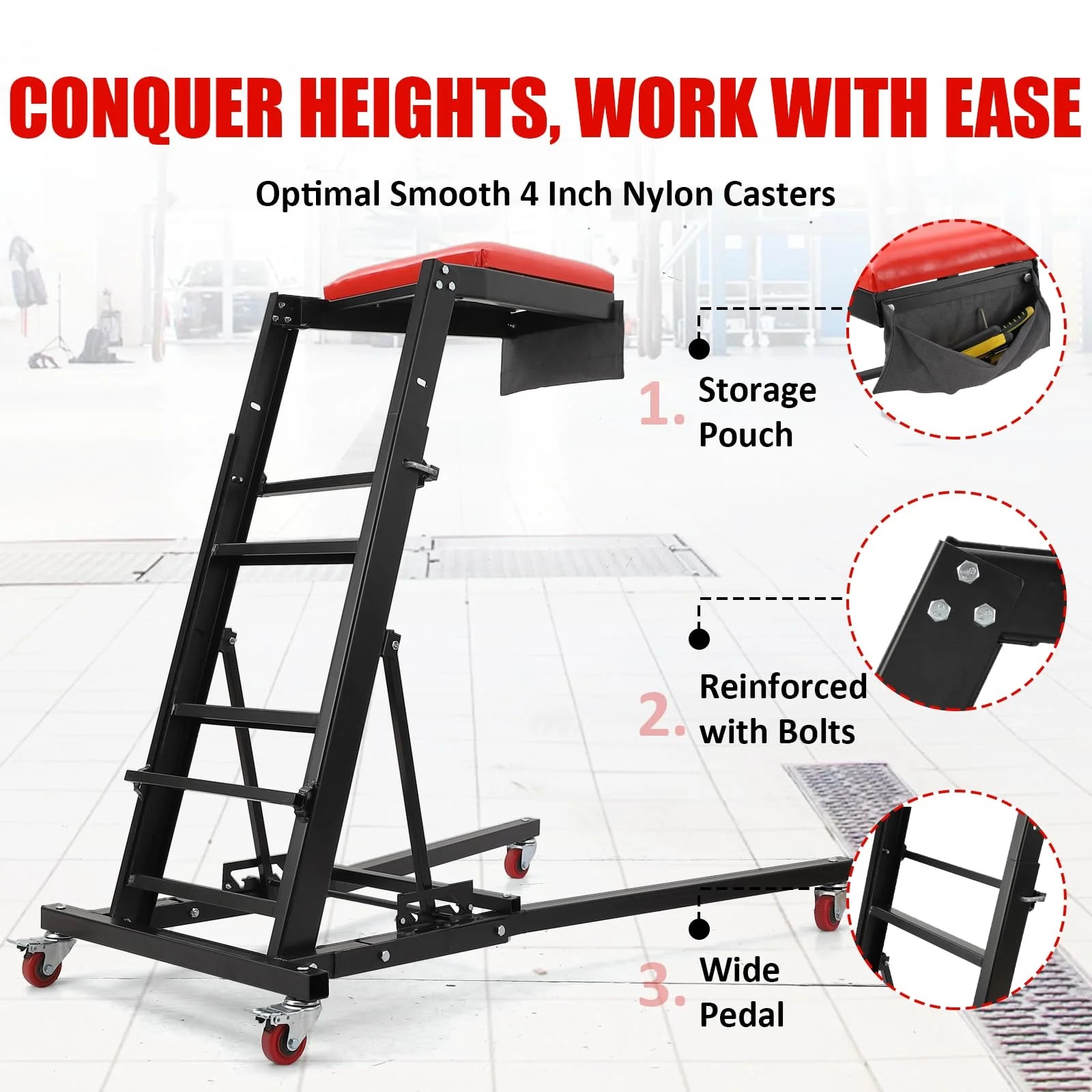 GARVEE Rollbar Automotive Topside Creeper, Engine Creeper 108–165 cm Einstellbar, 181 kg Kapazität High Top Creeper, 4 Lenkrollen, Gepolstertes Deck, Creeper für die Garage zu Hause, Doppelholm