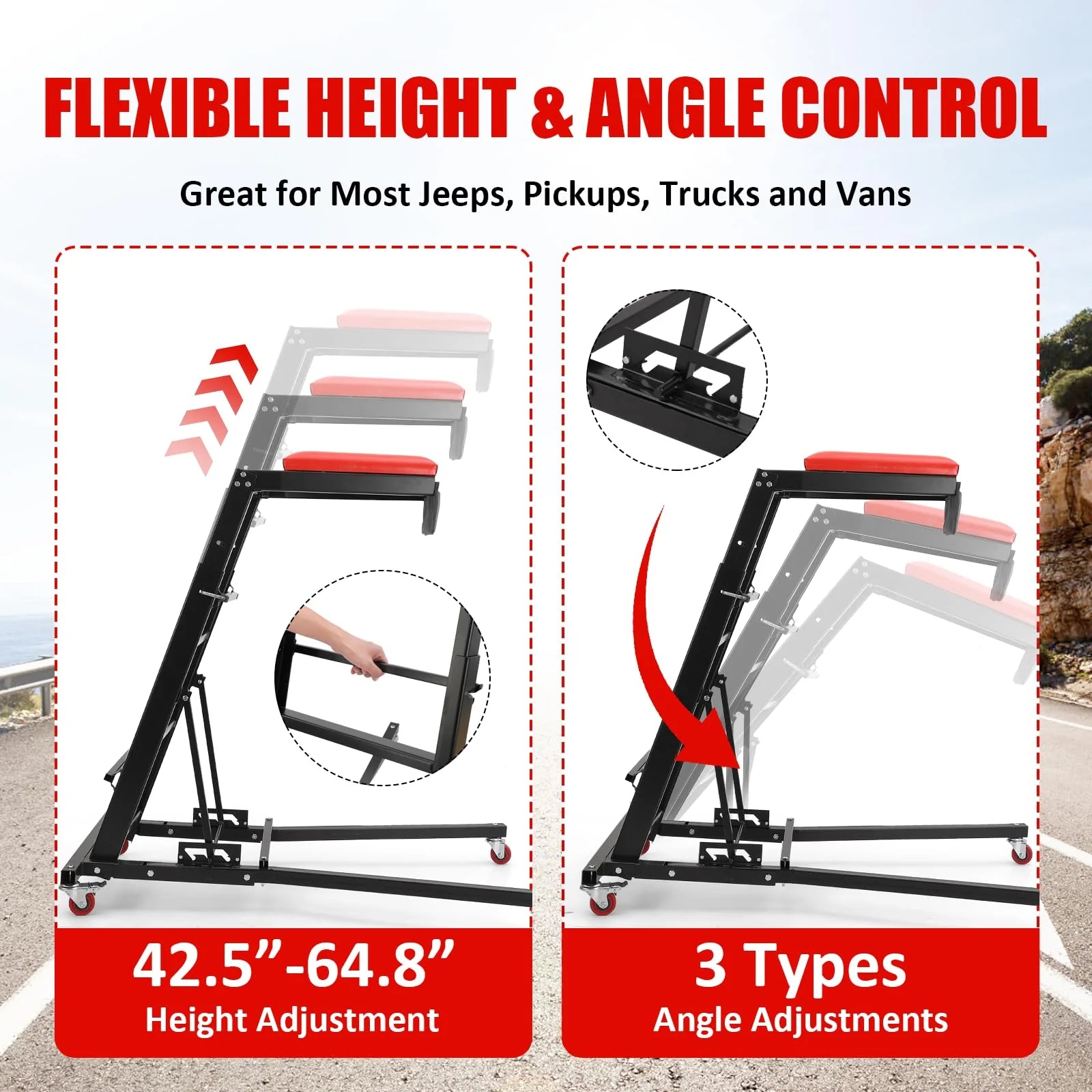 GARVEE Rollbar Automotive Topside Creeper, Engine Creeper 108–165 cm Einstellbar, 181 kg Kapazität High Top Creeper, 4 Lenkrollen, Gepolstertes Deck, Creeper für die Garage zu Hause, Doppelholm