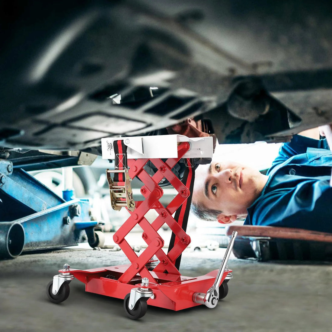 Garvee 204 kg Auto Reparatur Wagenheber Schwerlast Getriebeheber Höhenverstellbar Stahl Sicherheitsverriegelung für Werkstatt & Garage, Rot