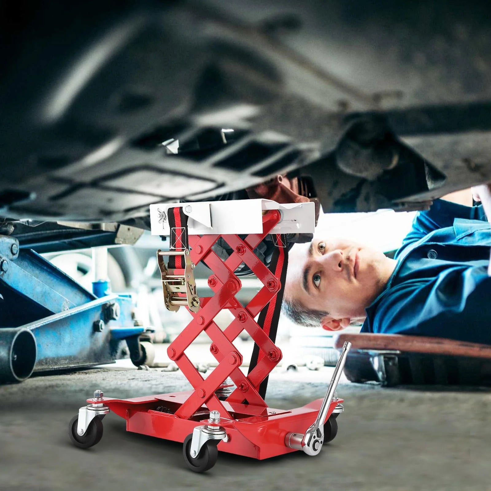 Garvee 204 kg Auto Reparatur Wagenheber Schwerlast Getriebeheber Höhenverstellbar Stahl Sicherheitsverriegelung für Werkstatt & Garage, Rot