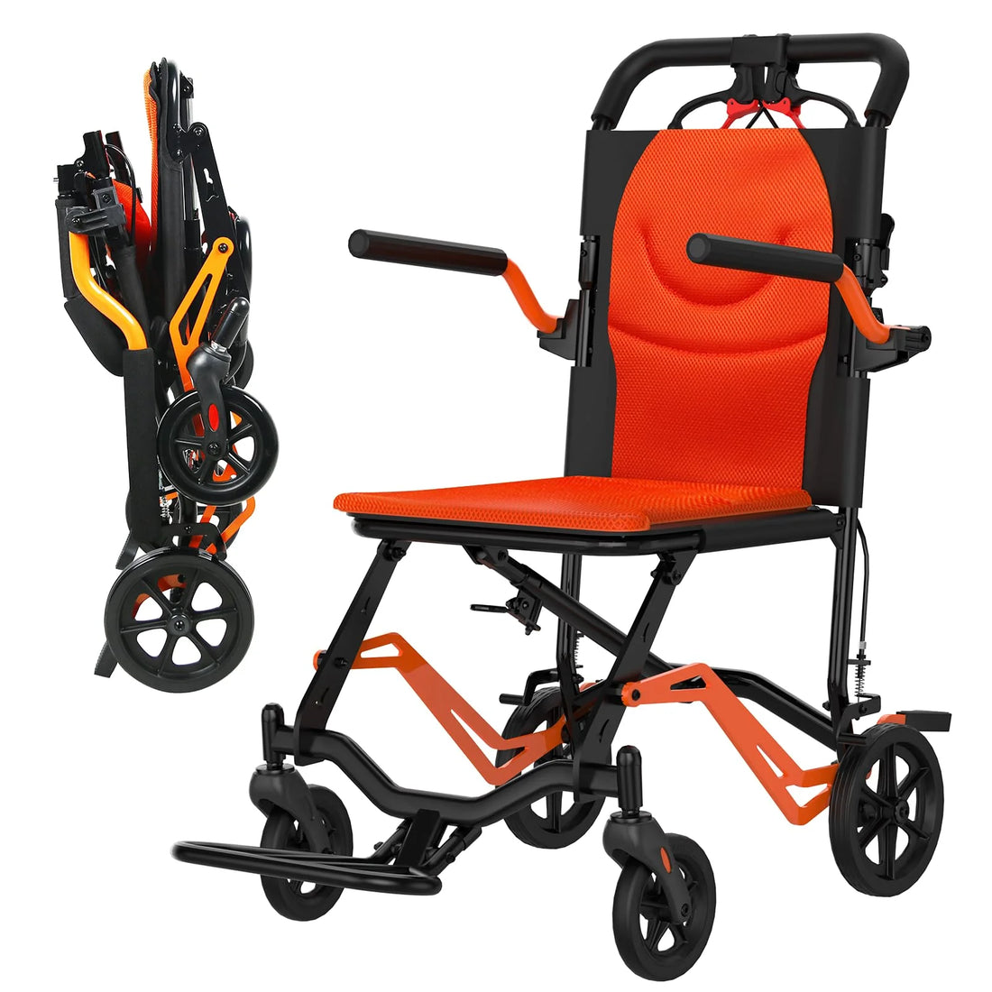 GARVEE Leichter Transportrollstuhl, Faltbarer Rollstuhl aus Aluminium mit Feststellbremsen, Abnehmbaren Armlehnen und Schwenkbaren Fußstützen, Bis 100 kg belastbar für Innen & Außen