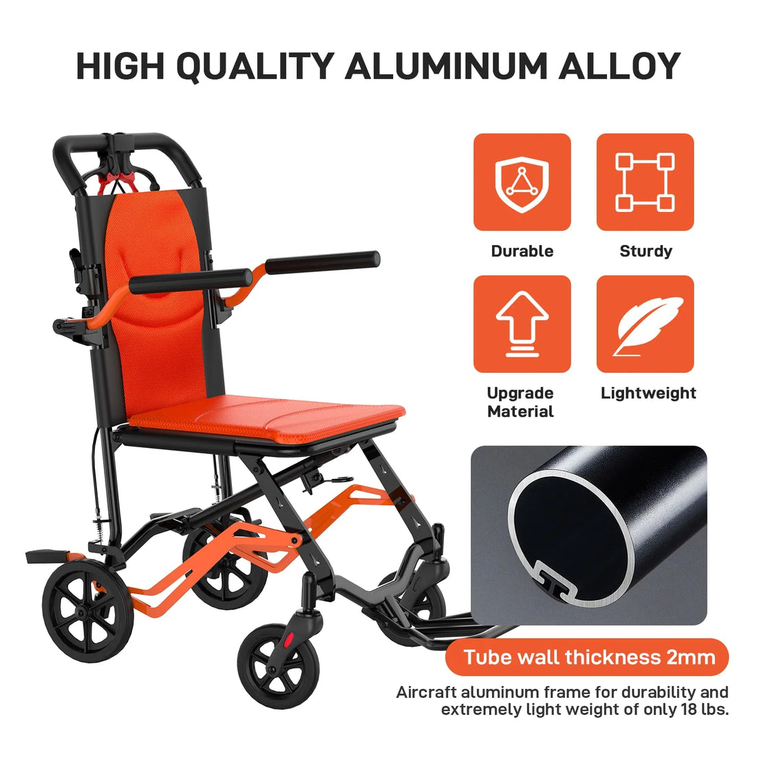 GARVEE Leichter Transportrollstuhl, Faltbarer Rollstuhl aus Aluminium mit Feststellbremsen, Abnehmbaren Armlehnen und Schwenkbaren Fußstützen, Bis 100 kg belastbar für Innen & Außen