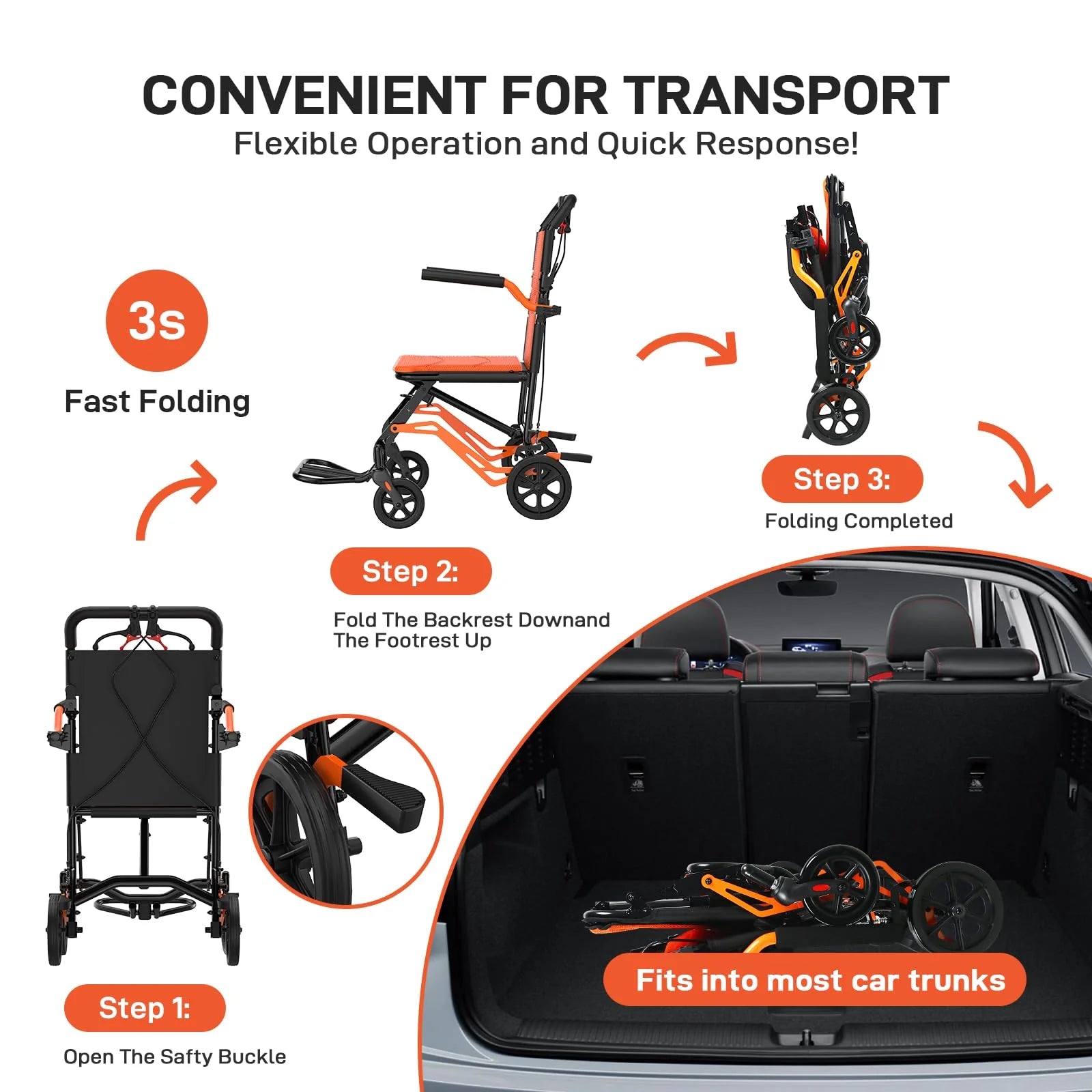 GARVEE Leichter Transportrollstuhl, Faltbarer Rollstuhl aus Aluminium mit Feststellbremsen, Abnehmbaren Armlehnen und Schwenkbaren Fußstützen, Bis 100 kg belastbar für Innen & Außen