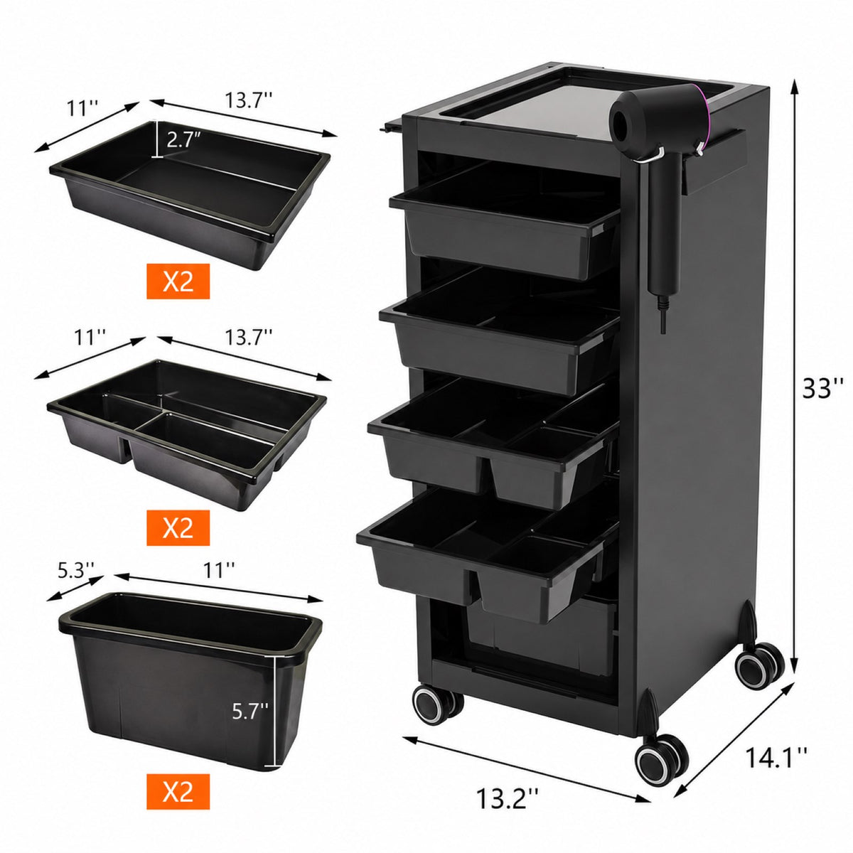 Garvee Salon-Rollwagen mit 6 Schubladen – Rollbarer Wagen mit Haartrocknerhalter für Salon & Studio, Schwarz