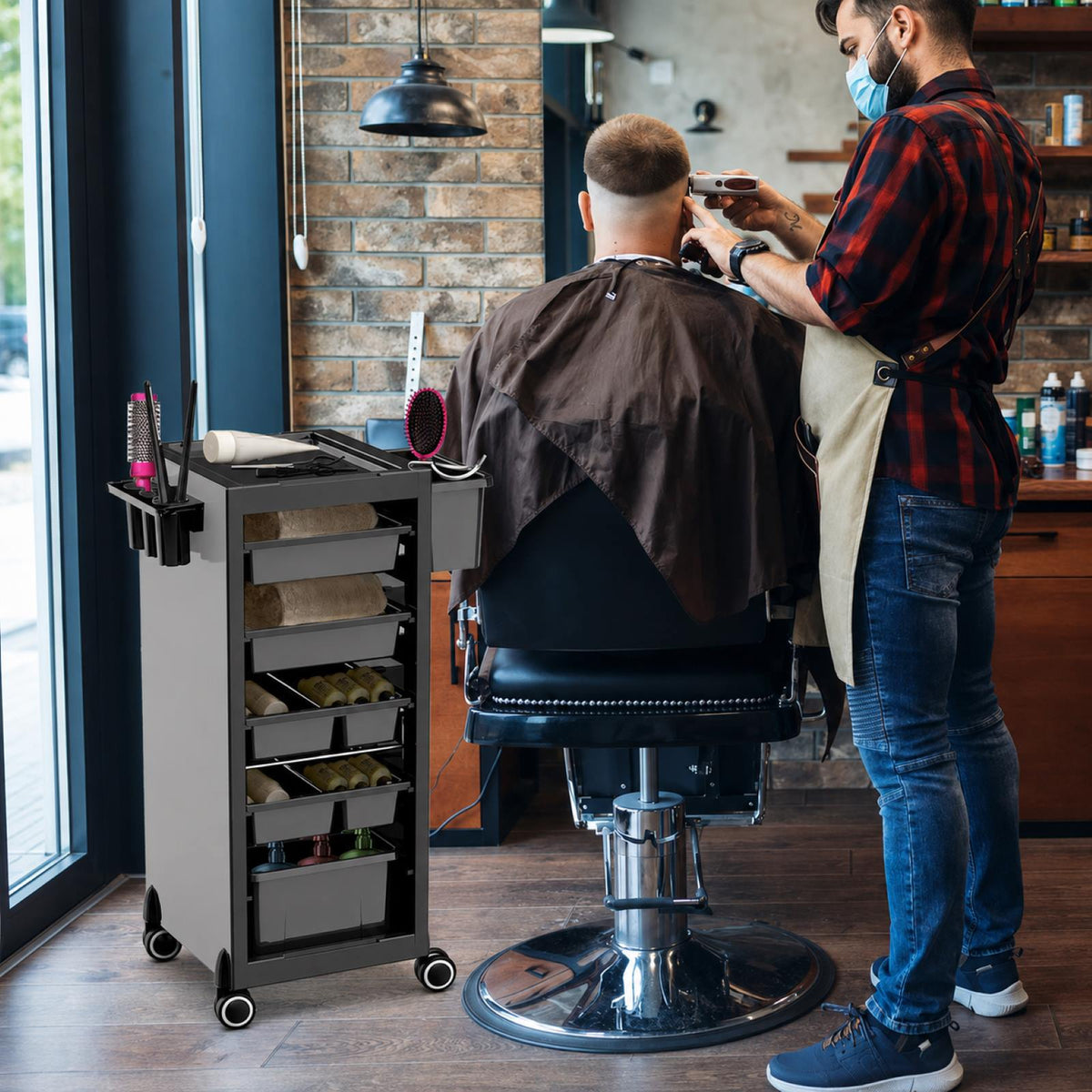 Garvee Salon-Rollwagen mit 6 Schubladen – Rollbarer Wagen mit Haartrocknerhalter für Salon & Studio, Schwarz