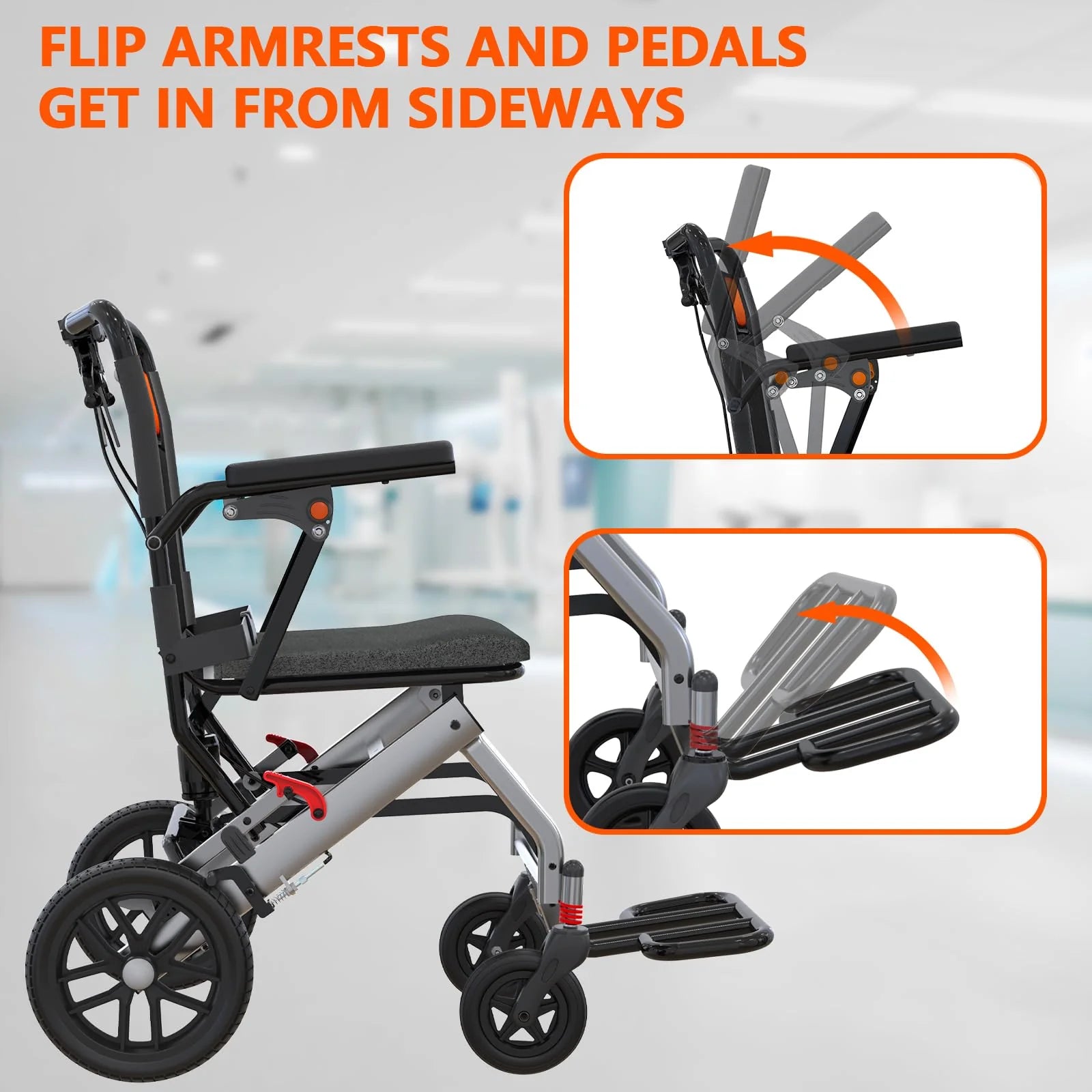 GARVEE Leichtgewicht Rollstuhl für Senioren, Faltbarer Aluminium Rollstuhl mit Klappbaren Armlehnen und Sicherheitsbremsen, Komfortabler Transportrollstuhl für Innen & Außen