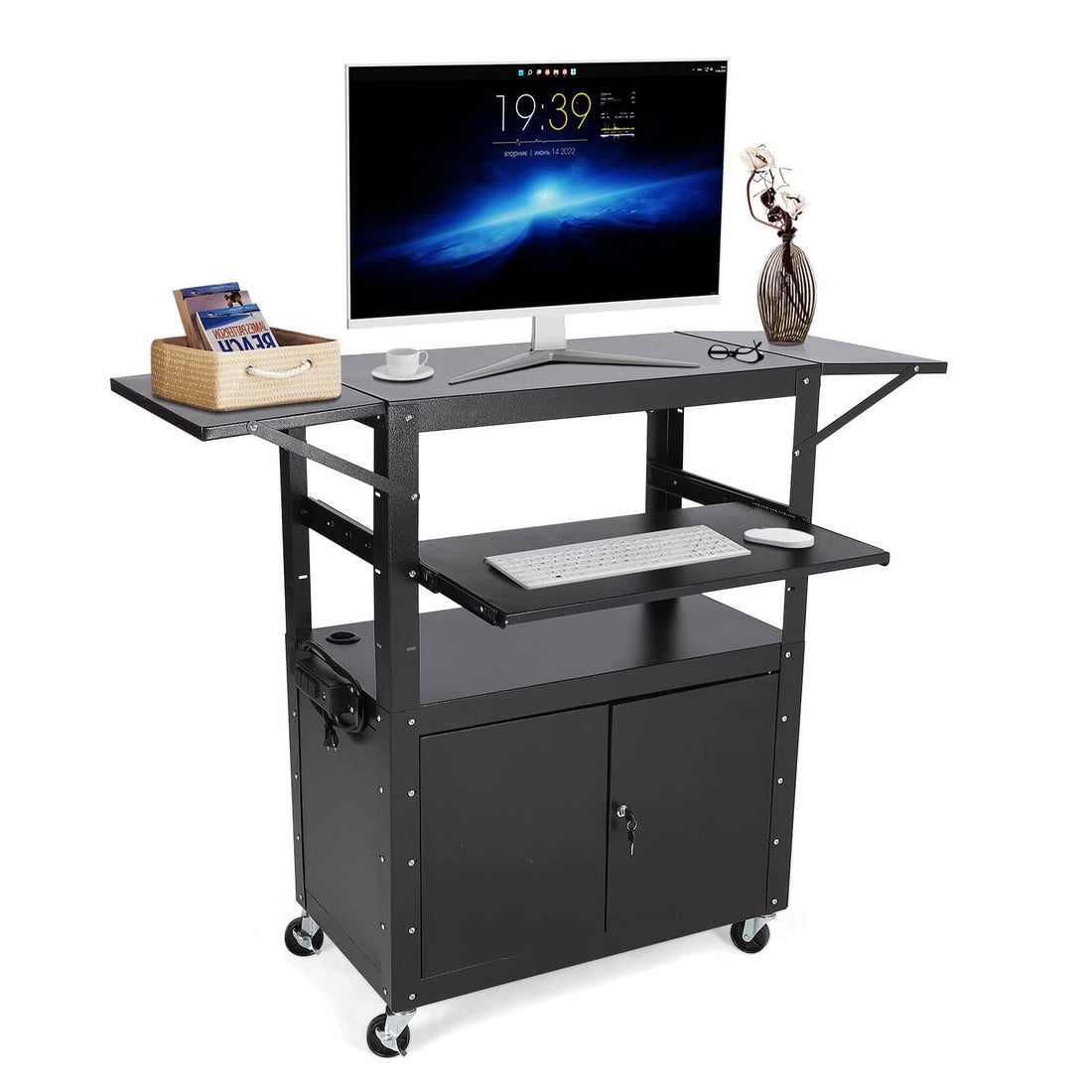 GARVEE 117 x 48 cm Höhenverstellbarer AV-Wagen – Abschließbarer Schrank, Laptopständer, Ausziehbare Ablagen, Extra Stauraum, Schwarz