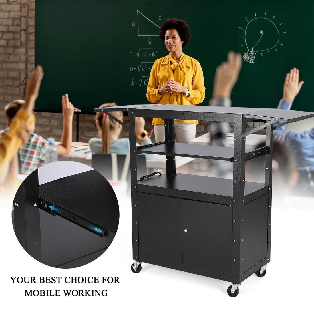 GARVEE 117 x 48 cm Höhenverstellbarer AV-Wagen – Abschließbarer Schrank, Laptopständer, Ausziehbare Ablagen, Extra Stauraum, Schwarz