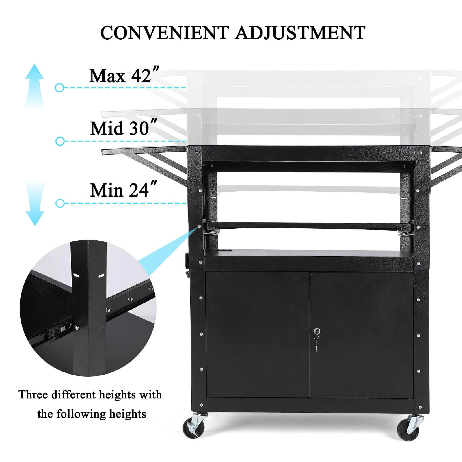 GARVEE 117 x 48 cm Höhenverstellbarer AV-Wagen – Abschließbarer Schrank, Laptopständer, Ausziehbare Ablagen, Extra Stauraum, Schwarz