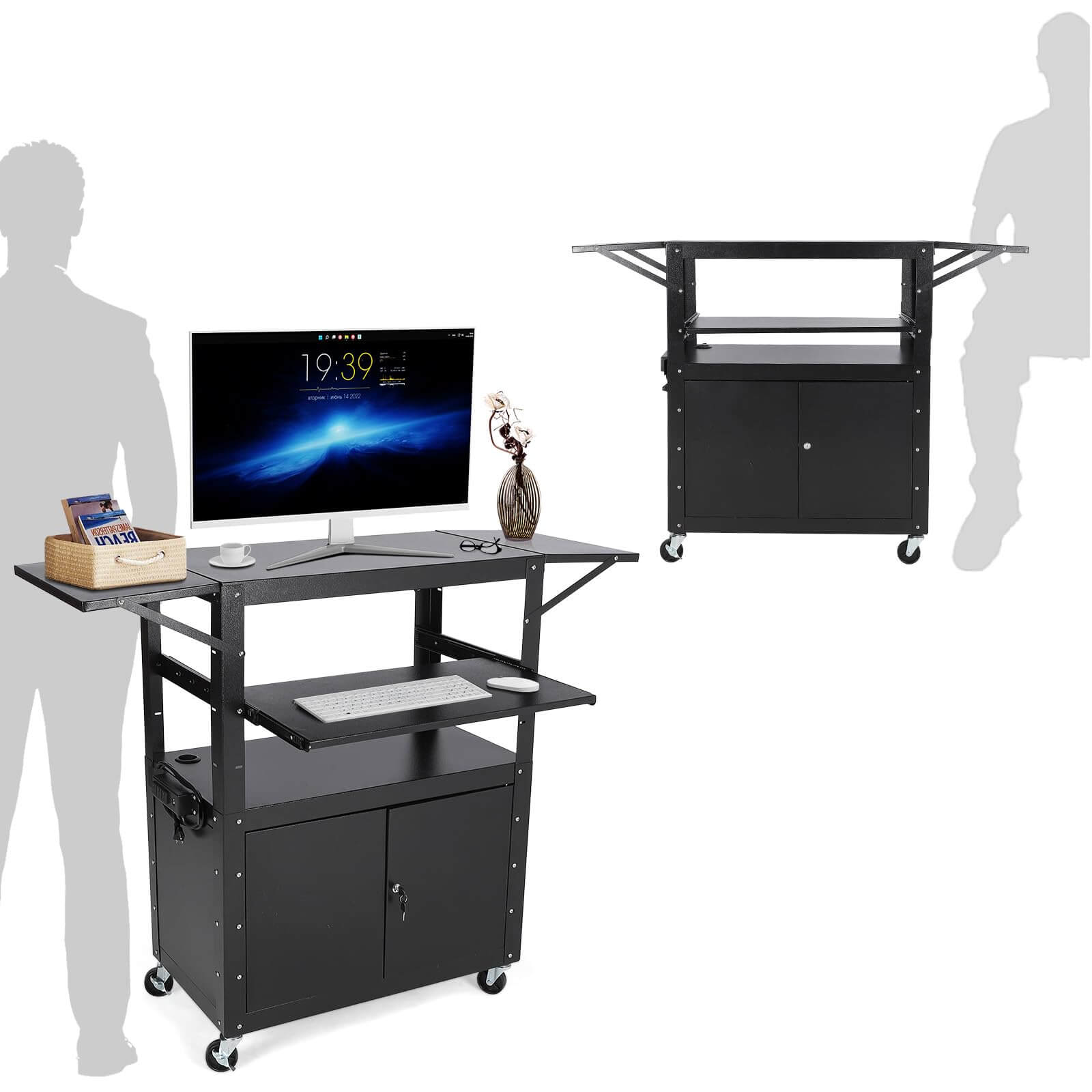 GARVEE 117 x 48 cm Höhenverstellbarer AV-Wagen – Abschließbarer Schrank, Laptopständer, Ausziehbare Ablagen, Extra Stauraum, Schwarz