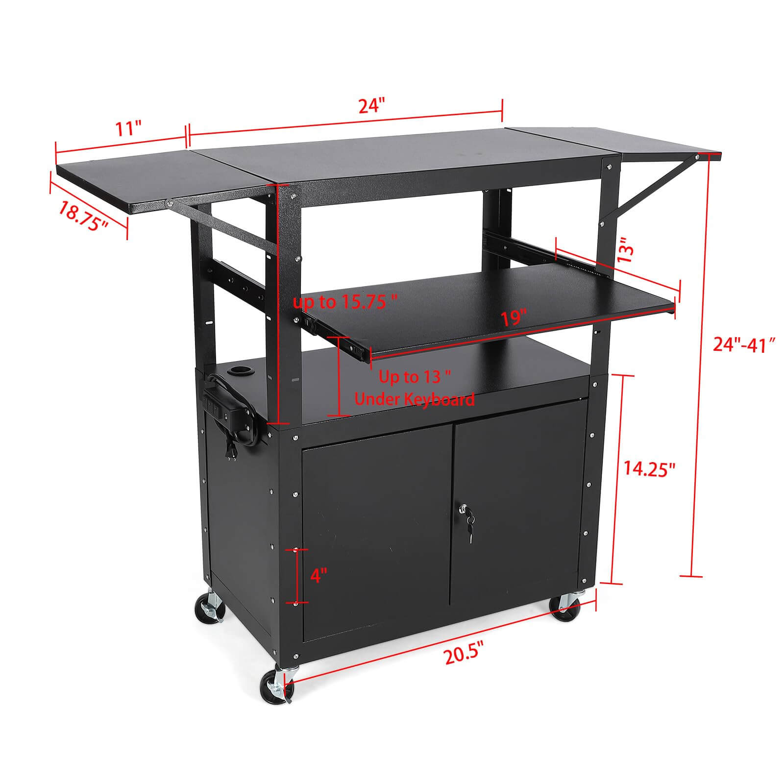 GARVEE 117 x 48 cm Höhenverstellbarer AV-Wagen – Abschließbarer Schrank, Laptopständer, Ausziehbare Ablagen, Extra Stauraum, Schwarz