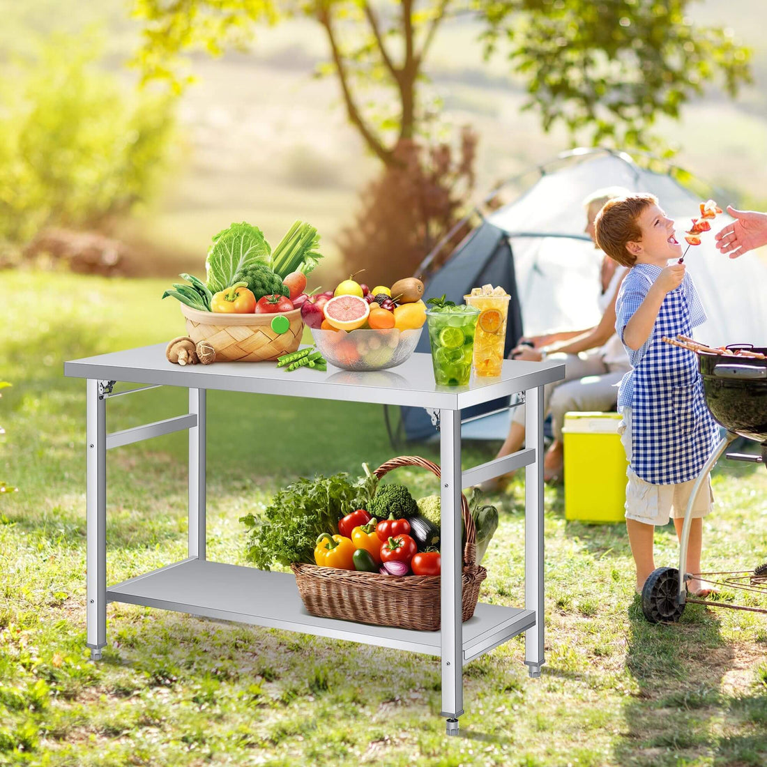 Garvee Klapptisch Edelstahl 91×61×70 cm – Klappbar, höhenverstellbares Unterregal, 2 Ebenen, rostfrei, ideal für Küche, Garage & Gastronomie