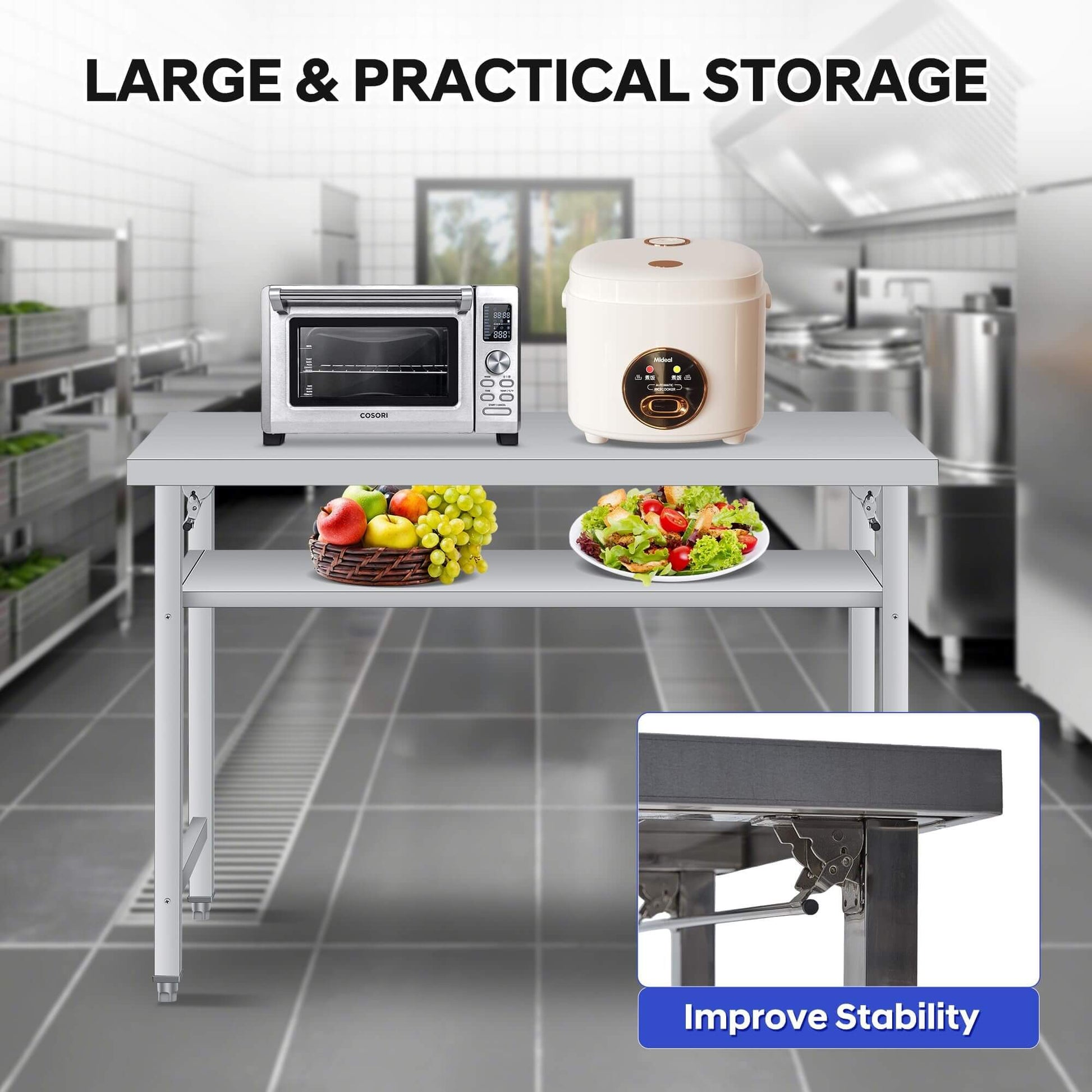 Garvee Klapptisch Edelstahl 91×61×70 cm – Klappbar, höhenverstellbares Unterregal, 2 Ebenen, rostfrei, ideal für Küche, Garage & Gastronomie