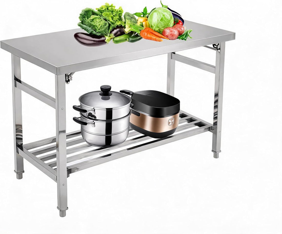 Garvee Klappbarer Edelstahl-Arbeitstisch 91 x 61 x 70 cm mit offener Gitterablage, robuster Küchentisch mit zusätzlichem Stauraum für Küche, Gastronomie und Catering