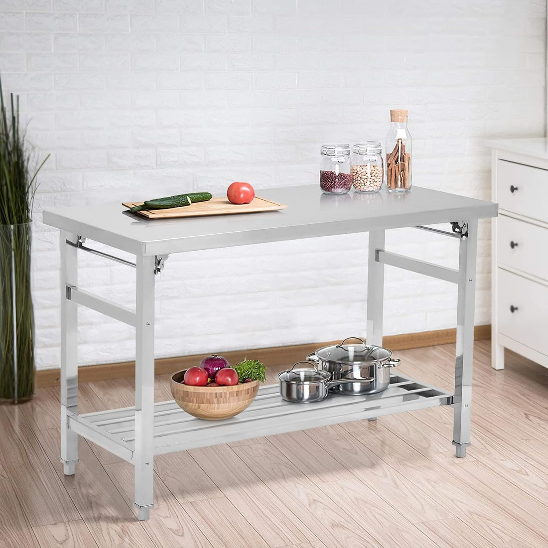 Garvee Klappbarer Edelstahl-Arbeitstisch 91 x 61 x 70 cm mit offener Gitterablage, robuster Küchentisch mit zusätzlichem Stauraum für Küche, Gastronomie und Catering