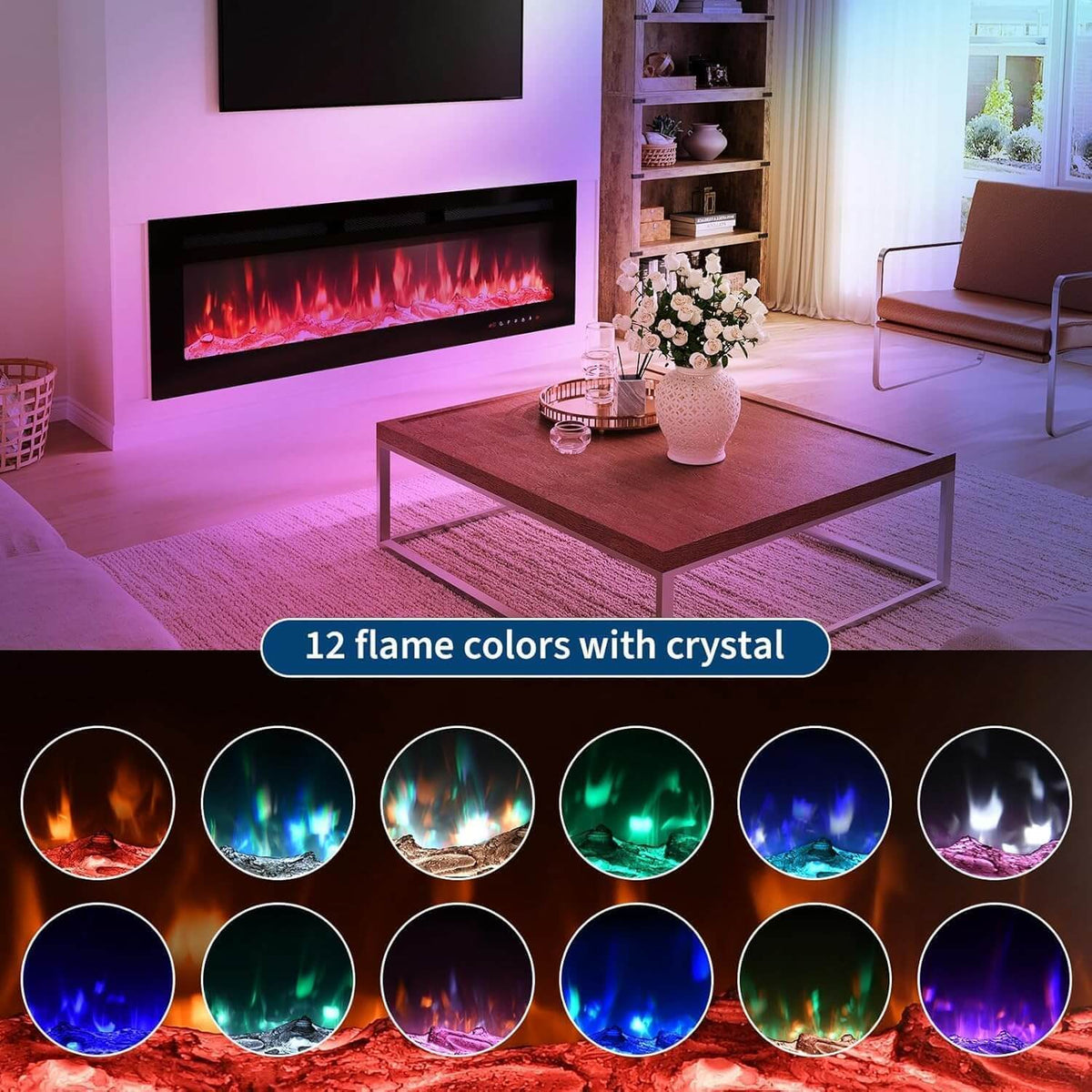 Garvee 72-Zoll Elektrokamin 183 cm mit 1800 W Heizung, 12 LED-Flammenfarben, Fernbedienung und Touch-Panel