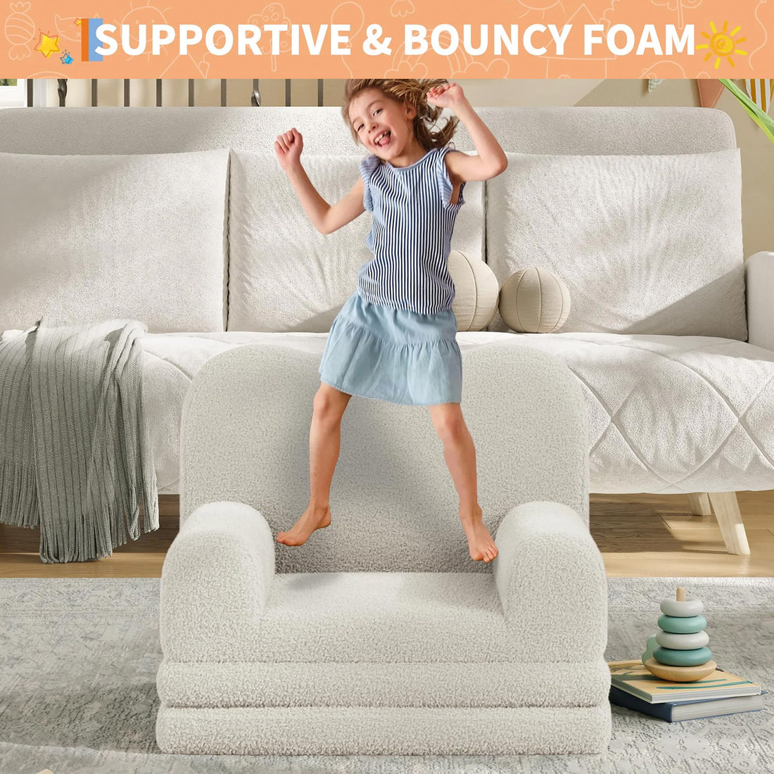 GARVEE Kindersofa 2-in-1, Ausklappbares Kinder Sofa mit Weichem Sherpa-Bezug und Schaumstofffüllung, Kindercouch für Spielzimmer, Kinderzimmer & Lesen, Weiß