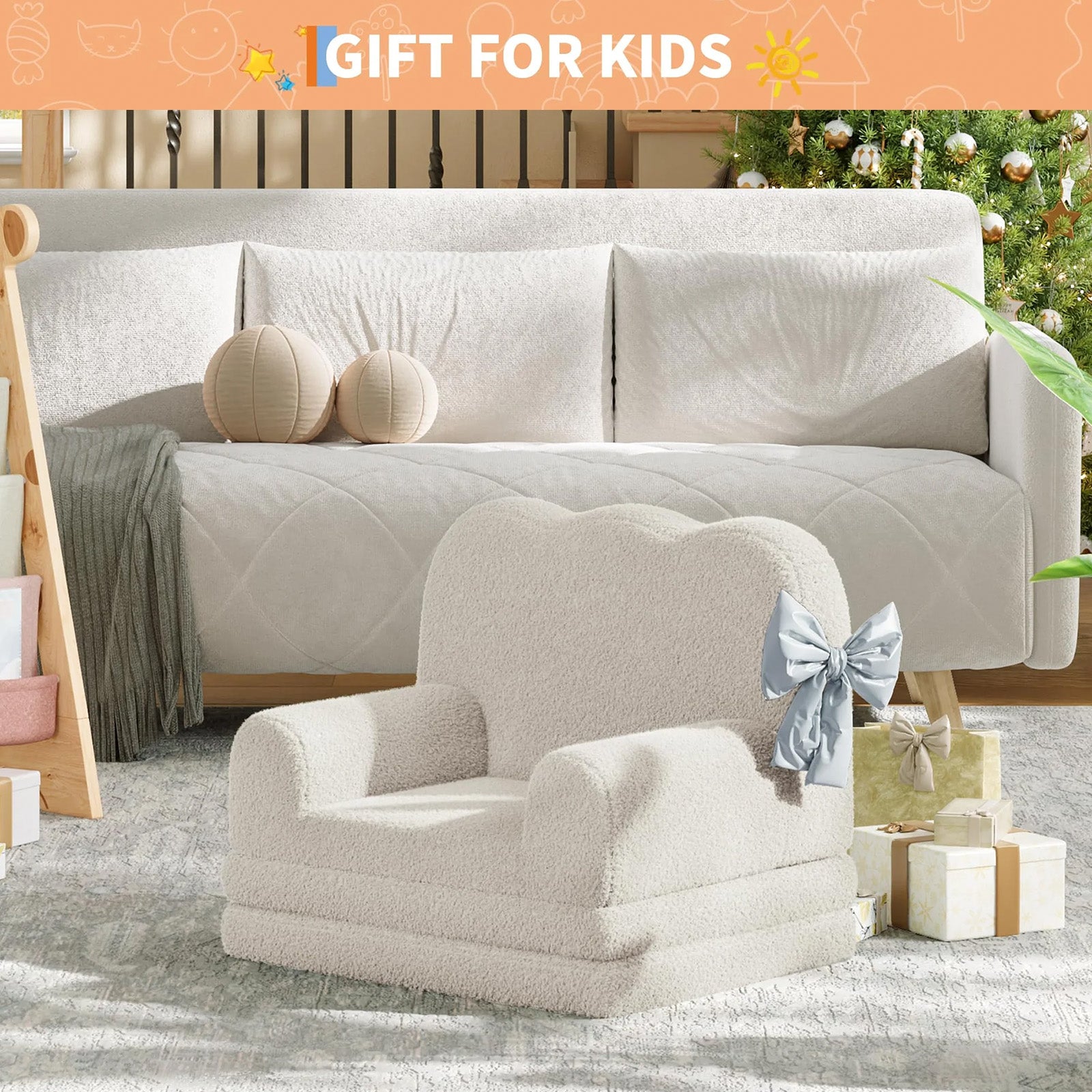 GARVEE Kindersofa 2-in-1, Ausklappbares Kinder Sofa mit Weichem Sherpa-Bezug und Schaumstofffüllung, Kindercouch für Spielzimmer, Kinderzimmer & Lesen, Weiß