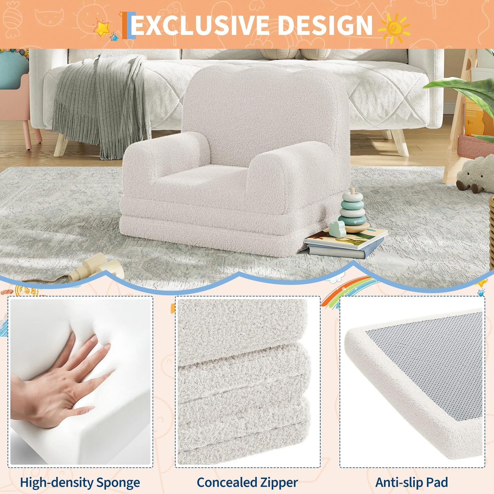 GARVEE Kindersofa 2-in-1, Ausklappbares Kinder Sofa mit Weichem Sherpa-Bezug und Schaumstofffüllung, Kindercouch für Spielzimmer, Kinderzimmer & Lesen, Weiß