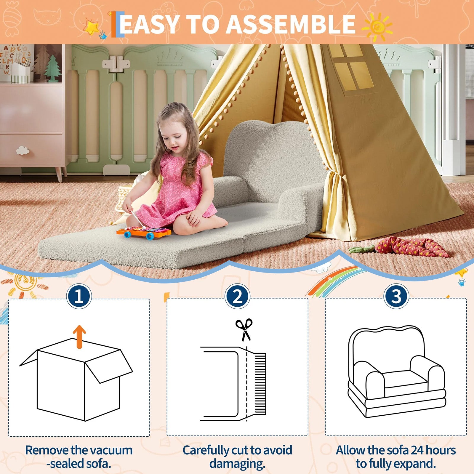 GARVEE Kindersofa 2-in-1, Ausklappbares Kinder Sofa mit Weichem Sherpa-Bezug und Schaumstofffüllung, Kindercouch für Spielzimmer, Kinderzimmer & Lesen, Weiß
