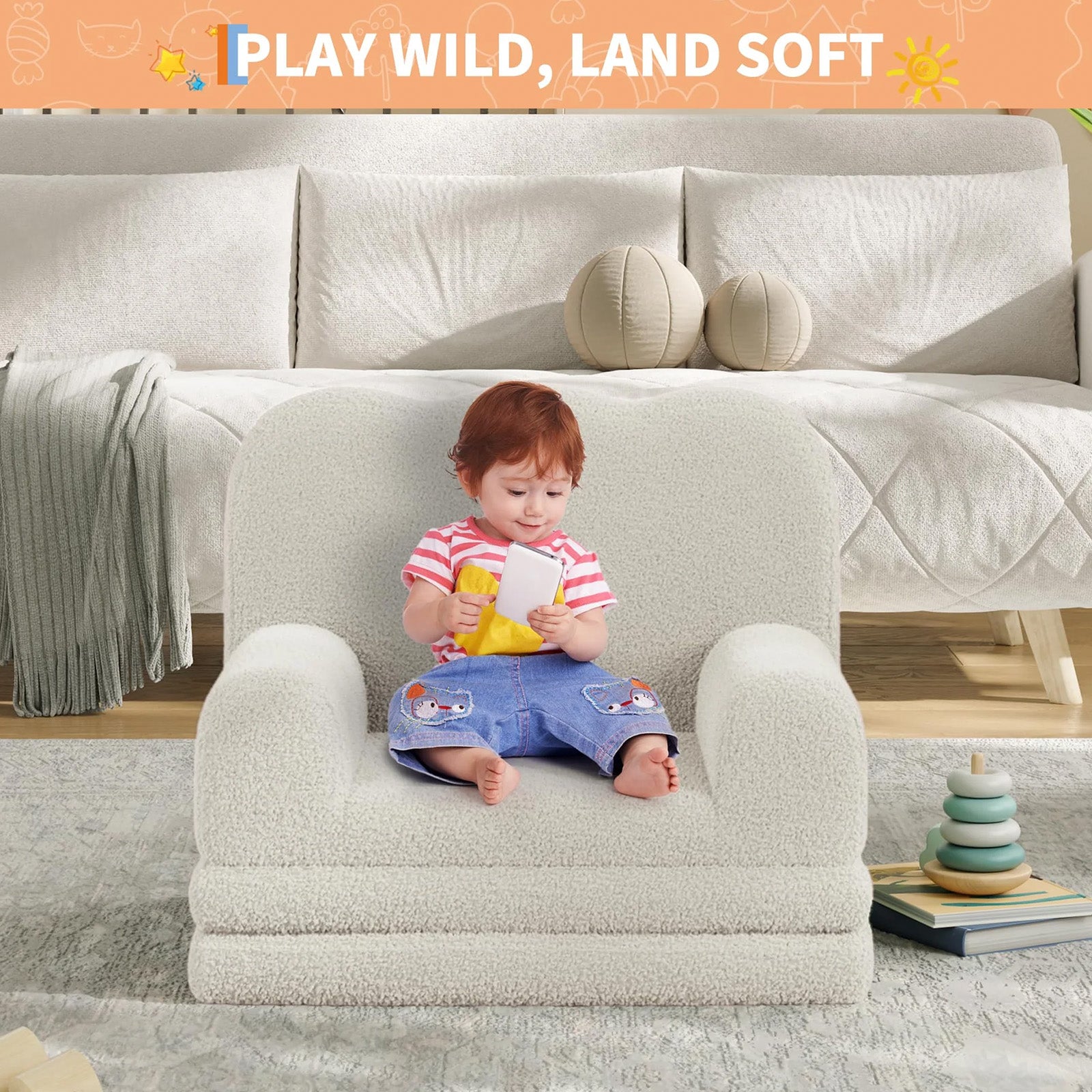 GARVEE Kindersofa 2-in-1, Ausklappbares Kinder Sofa mit Weichem Sherpa-Bezug und Schaumstofffüllung, Kindercouch für Spielzimmer, Kinderzimmer & Lesen, Weiß