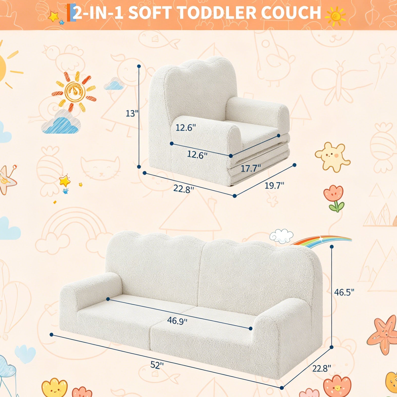 GARVEE Kindersofa 2-in-1, Ausklappbares Kinder Sofa mit Weichem Sherpa-Bezug und Schaumstofffüllung, Kindercouch für Spielzimmer, Kinderzimmer & Lesen, Weiß