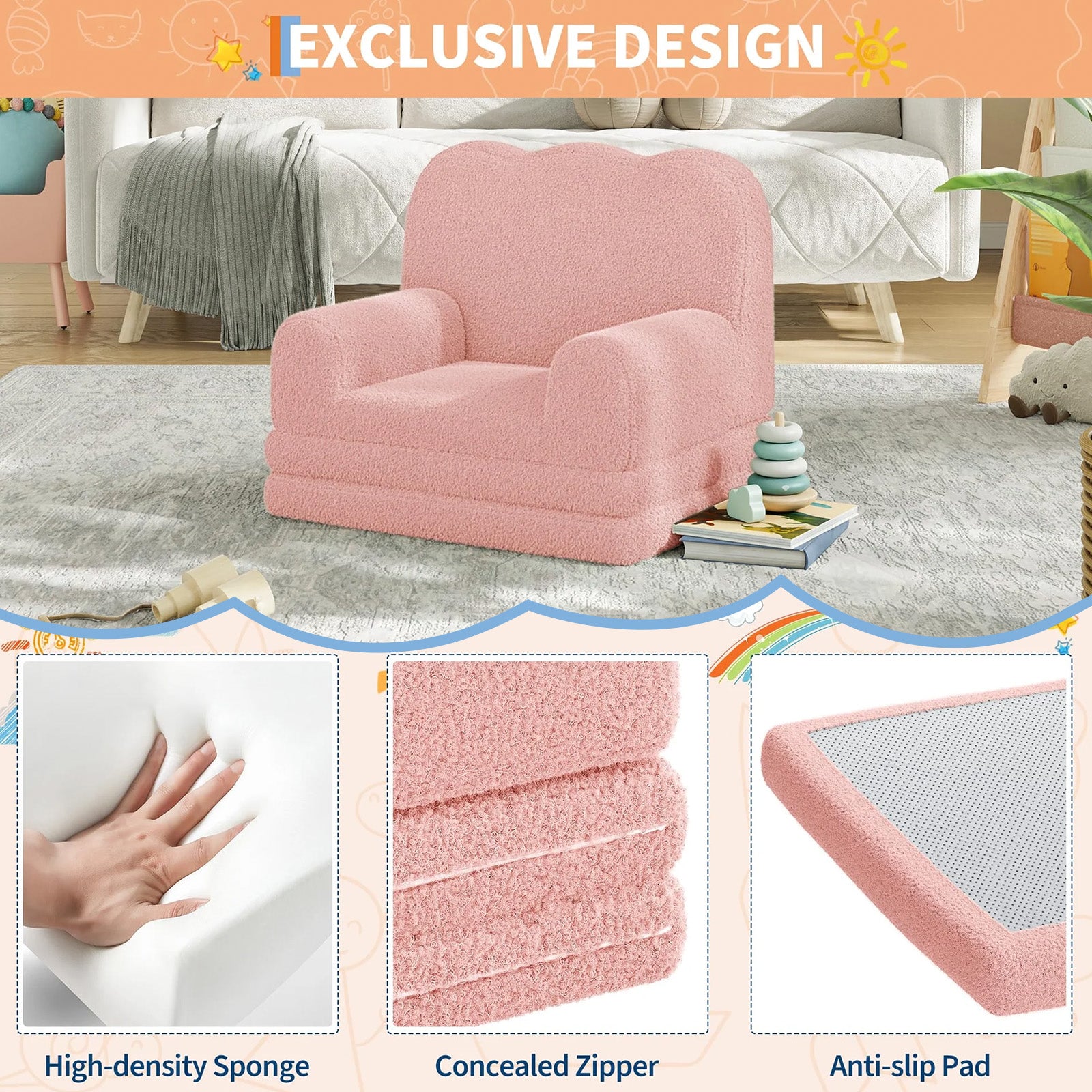 GARVEE Kindersofa 2-in-1, Ausklappbares Kinder Sofa mit Weichem Sherpa-Bezug und Schaumstofffüllung, Kindercouch für Spielzimmer, Kinderzimmer & Lesen, Rosa