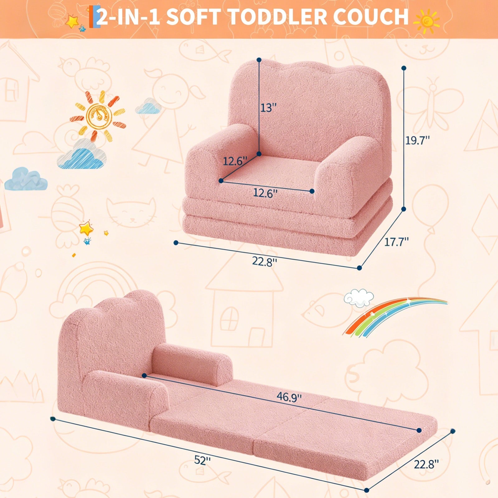GARVEE Kindersofa 2-in-1, Ausklappbares Kinder Sofa mit Weichem Sherpa-Bezug und Schaumstofffüllung, Kindercouch für Spielzimmer, Kinderzimmer & Lesen, Rosa