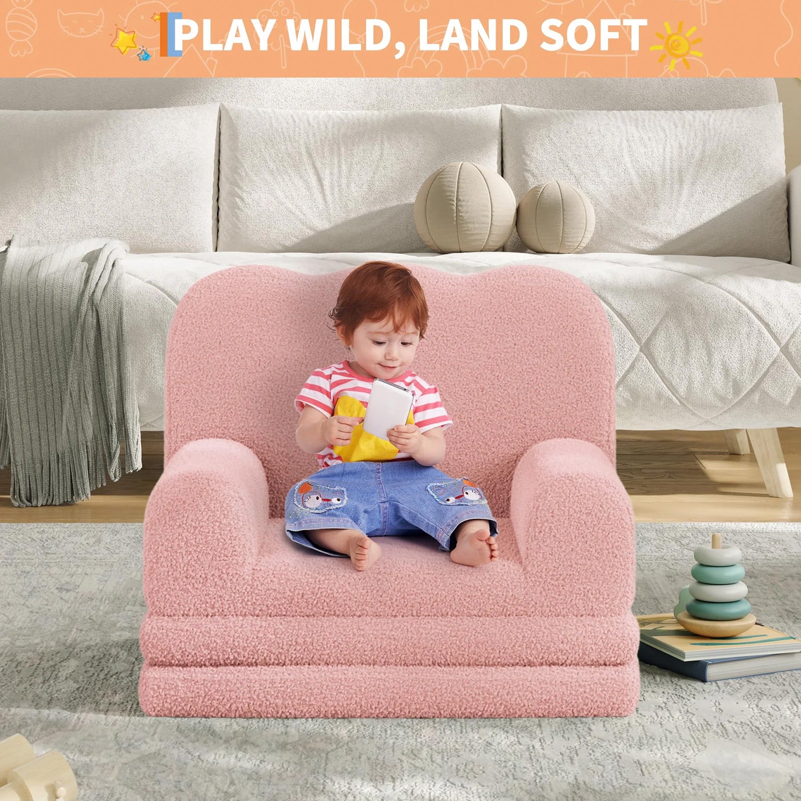 GARVEE Kindersofa 2-in-1, Ausklappbares Kinder Sofa mit Weichem Sherpa-Bezug und Schaumstofffüllung, Kindercouch für Spielzimmer, Kinderzimmer & Lesen, Rosa