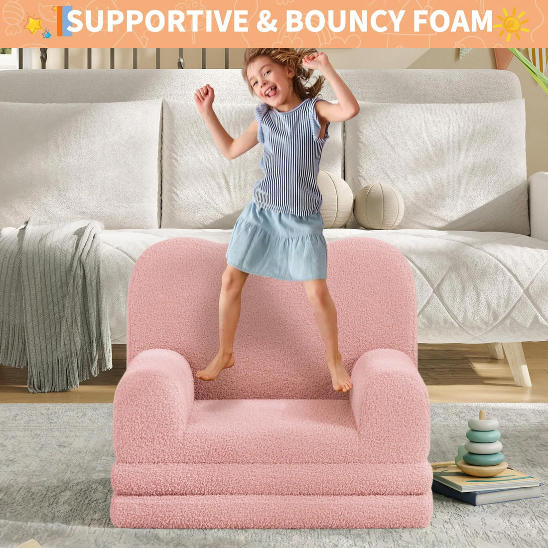GARVEE Kindersofa 2-in-1, Ausklappbares Kinder Sofa mit Weichem Sherpa-Bezug und Schaumstofffüllung, Kindercouch für Spielzimmer, Kinderzimmer & Lesen, Rosa