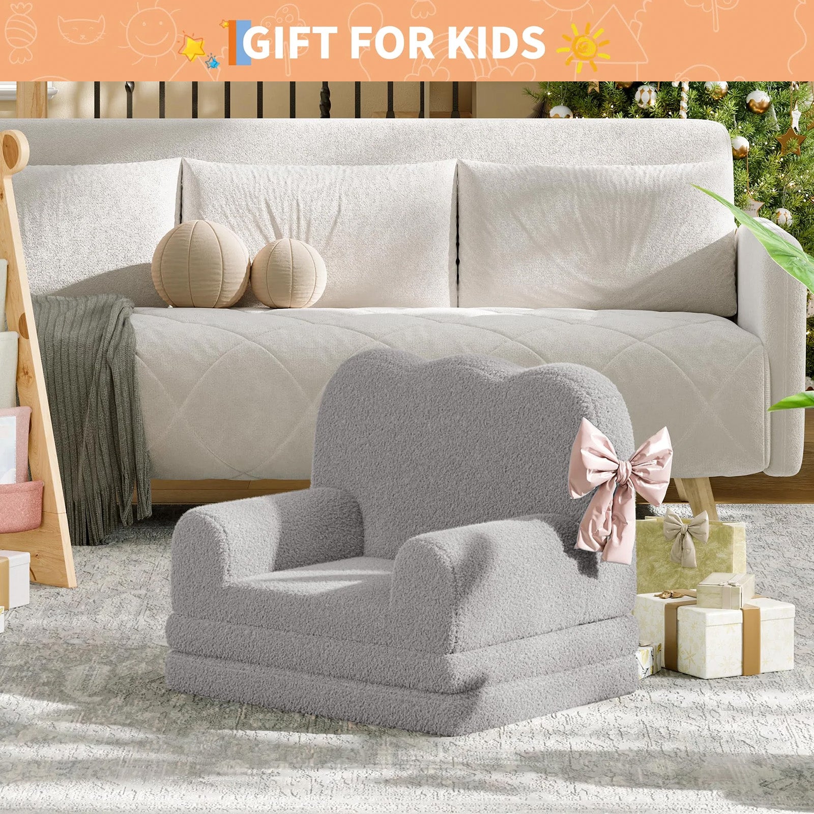GARVEE Kindersofa 2-in-1, Ausklappbares Kinder Sofa mit Weichem Sherpa-Bezug und Schaumstofffüllung, Kindercouch für Spielzimmer, Kinderzimmer & Lesen, Grau