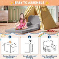 GARVEE Kindersofa 2-in-1, Ausklappbares Kinder Sofa mit Weichem Sherpa-Bezug und Schaumstofffüllung, Kindercouch für Spielzimmer, Kinderzimmer & Lesen, Grau