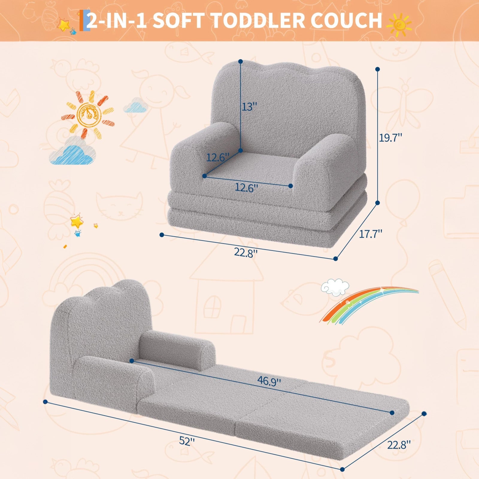 GARVEE Kindersofa 2-in-1, Ausklappbares Kinder Sofa mit Weichem Sherpa-Bezug und Schaumstofffüllung, Kindercouch für Spielzimmer, Kinderzimmer & Lesen, Grau