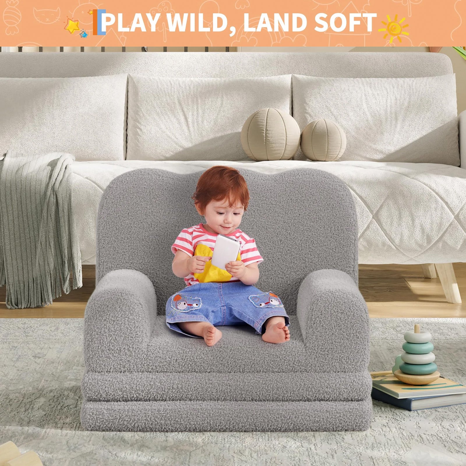 GARVEE Kindersofa 2-in-1, Ausklappbares Kinder Sofa mit Weichem Sherpa-Bezug und Schaumstofffüllung, Kindercouch für Spielzimmer, Kinderzimmer & Lesen, Grau