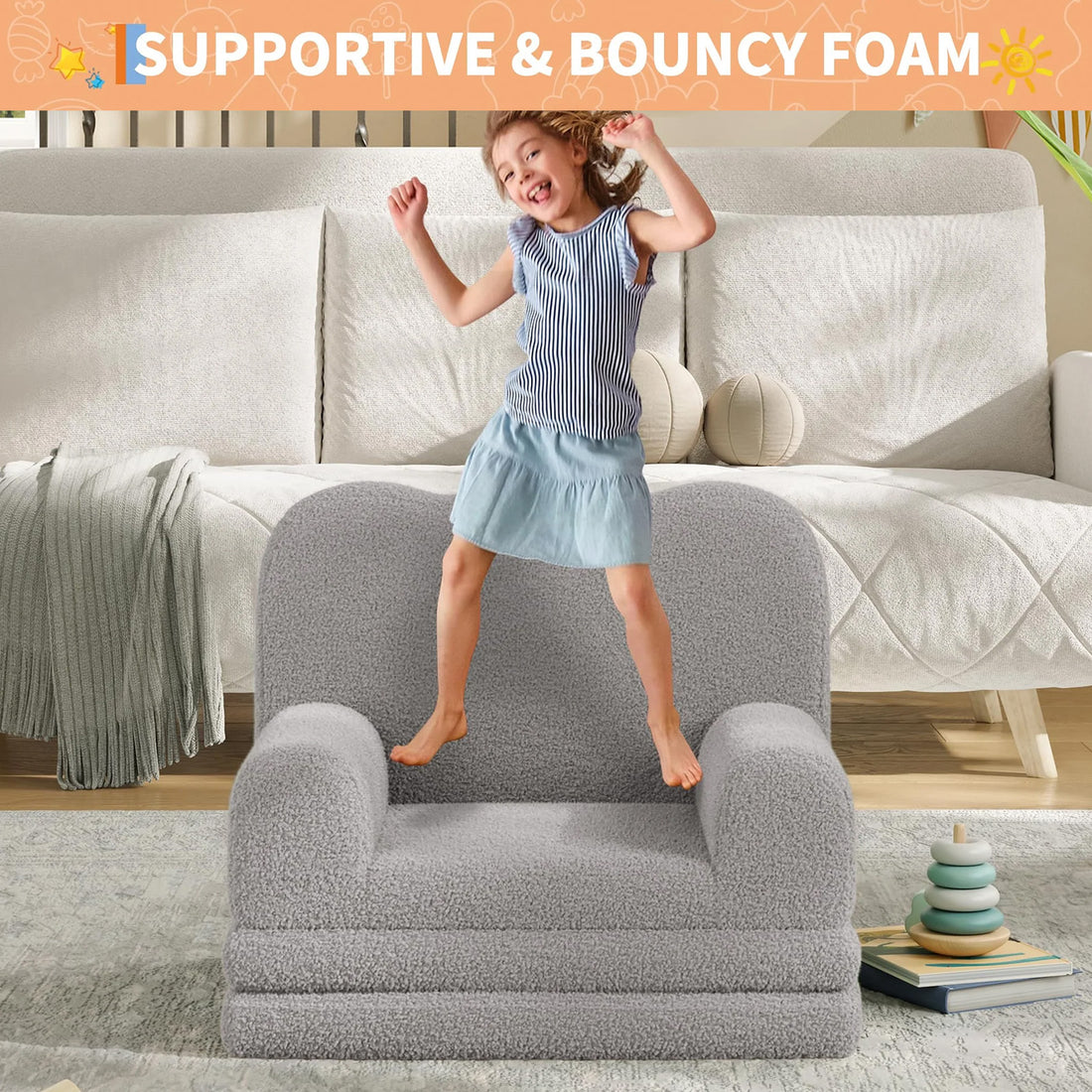 GARVEE Kindersofa 2-in-1, Ausklappbares Kinder Sofa mit Weichem Sherpa-Bezug und Schaumstofffüllung, Kindercouch für Spielzimmer, Kinderzimmer & Lesen, Grau
