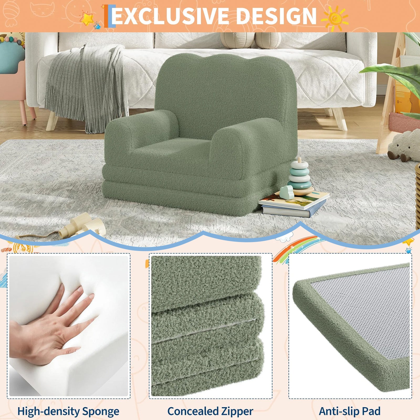 GARVEE Kindersofa 2-in-1, Ausklappbares Kinder Sofa mit Weichem Sherpa-Bezug und Schaumstofffüllung, Kindercouch für Spielzimmer, Kinderzimmer & Lesen, Grün