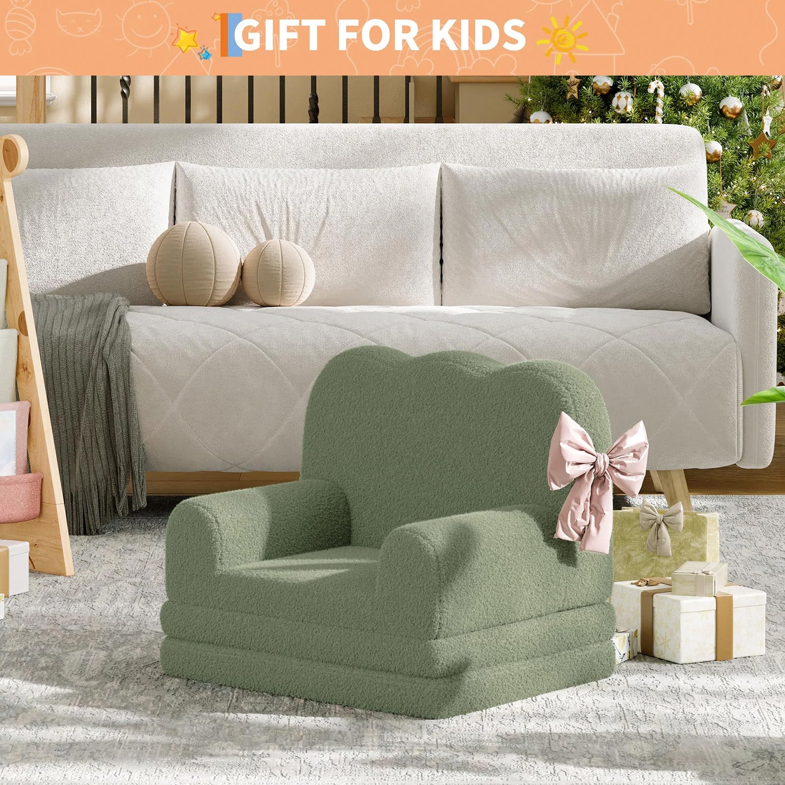 GARVEE Kindersofa 2-in-1, Ausklappbares Kinder Sofa mit Weichem Sherpa-Bezug und Schaumstofffüllung, Kindercouch für Spielzimmer, Kinderzimmer & Lesen, Grün