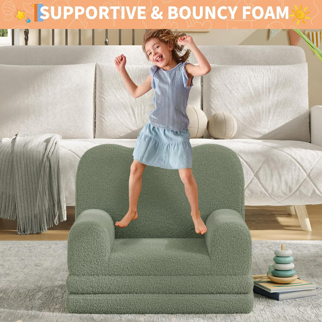 GARVEE Kindersofa 2-in-1, Ausklappbares Kinder Sofa mit Weichem Sherpa-Bezug und Schaumstofffüllung, Kindercouch für Spielzimmer, Kinderzimmer & Lesen, Grün