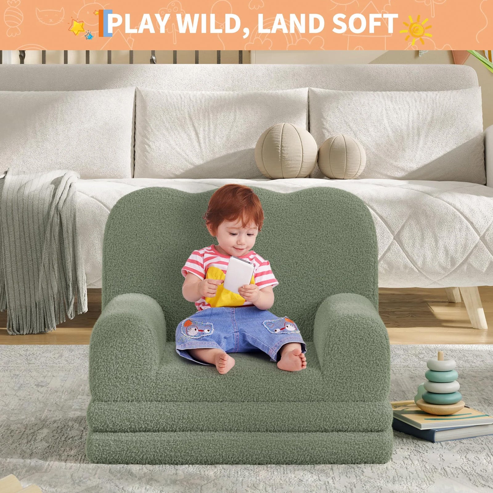 GARVEE Kindersofa 2-in-1, Ausklappbares Kinder Sofa mit Weichem Sherpa-Bezug und Schaumstofffüllung, Kindercouch für Spielzimmer, Kinderzimmer & Lesen, Grün