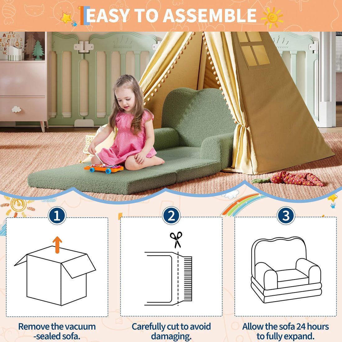 GARVEE Kindersofa 2-in-1 ausklappbar, Kinder-Sessel und Liege mit weichem Sherpa-Bezug, waschbar, bis 68 kg, Grün