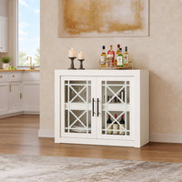 Garvee Sideboard 90 × 37 × 80 cm, Buffetschrank mit 2 Glastüren und geometrischem Siebdruckdekor, Stauraumschrank für Wohnzimmer und Esszimmer, Weiß