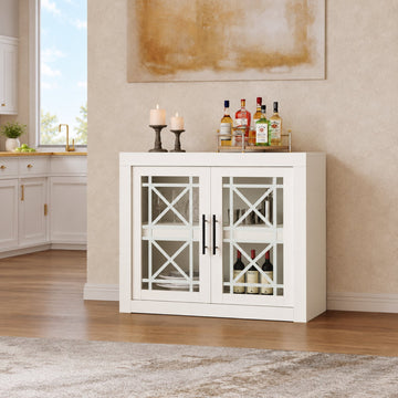 Garvee Sideboard 90 × 37 × 80 cm, Buffetschrank mit 2 Glastüren und geometrischem Siebdruckdekor, Stauraumschrank für Wohnzimmer und Esszimmer, Weiß