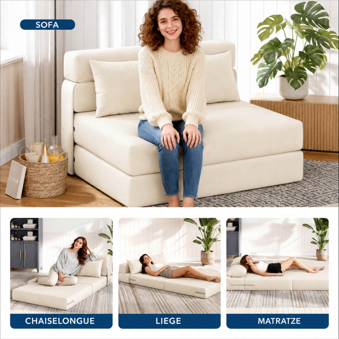 Garvee 4-in-1 Schlafsofa aus Cord, klappbar, für Wohnzimmer und Gästezimmer, Beige