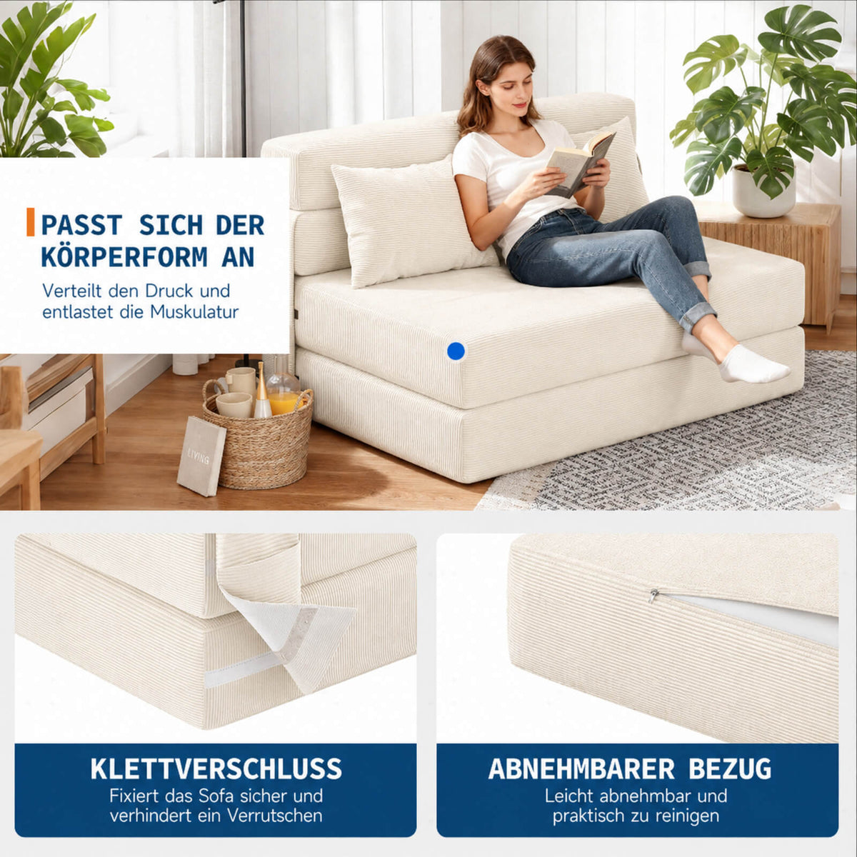 Garvee 4-in-1 Schlafsofa aus Cord, klappbar, für Wohnzimmer und Gästezimmer, Beige