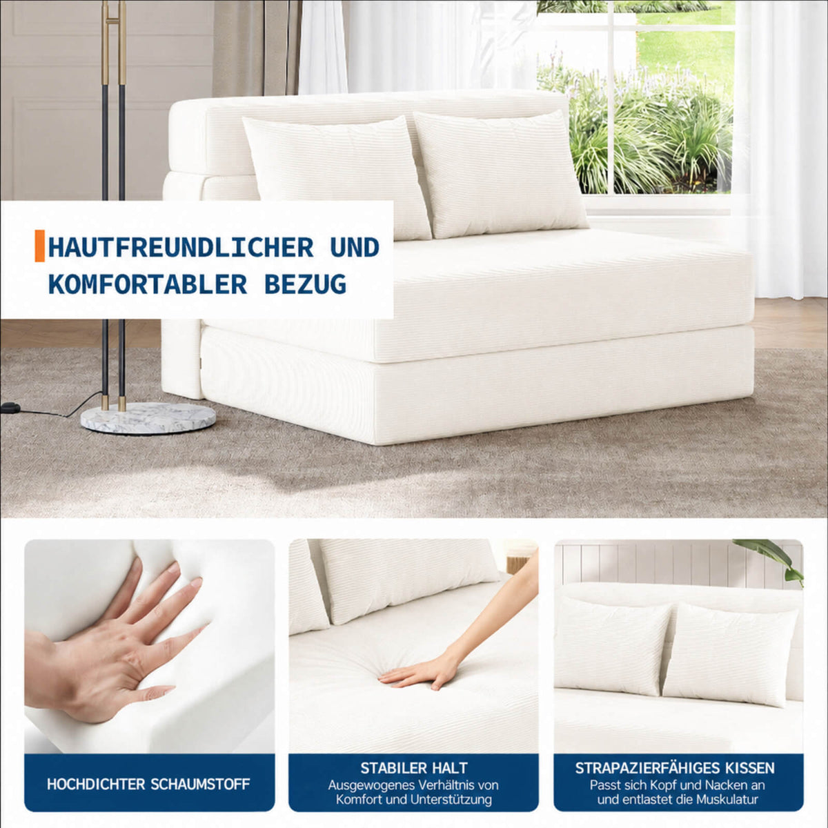 Garvee 4-in-1 Schlafsofa aus Cord, klappbar, für Wohnzimmer und Gästezimmer, Beige