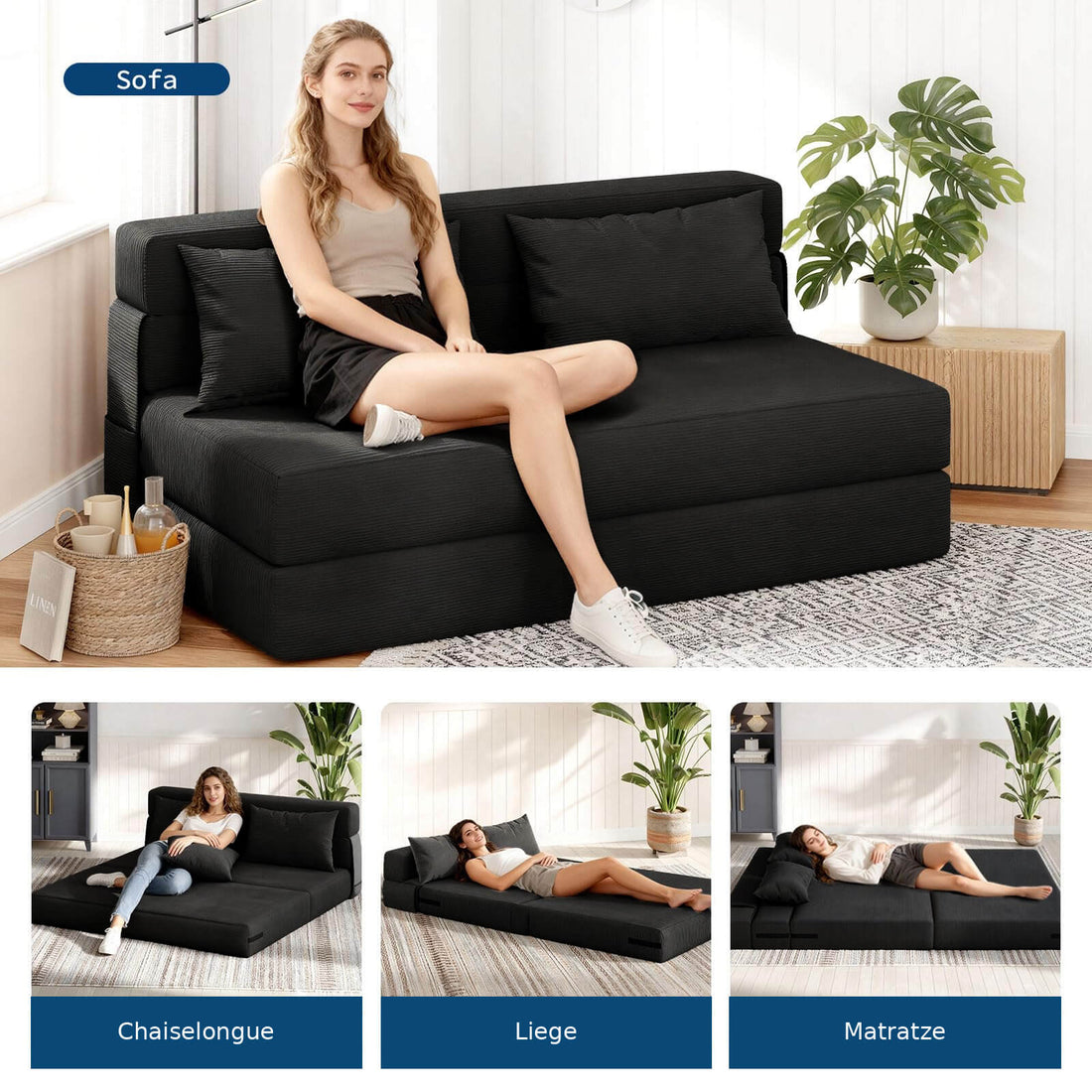 Garvee Schlafsofa aus Leinenstoff in Schwarz, ca. 203 cm, Klein, klappbar, für Wohnzimmer und Schlafzimmer