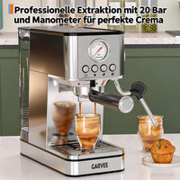 Garvee 20 Bar Siebträgermaschine Halbautomatisch, 1200 W, mit Manometer, 360°-Dampfdüse, 1,5-L-Wassertank und Thermoblock, für Espresso und Cappuccino