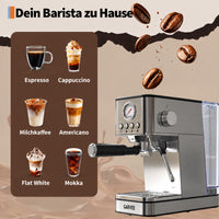Garvee 20 Bar Siebträgermaschine Halbautomatisch, 1200 W, mit Manometer, 360°-Dampfdüse, 1,5-L-Wassertank und Thermoblock, für Espresso und Cappuccino