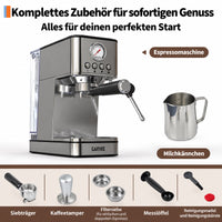 Garvee 20 Bar Siebträgermaschine Halbautomatisch, 1200 W, mit Manometer, 360°-Dampfdüse, 1,5-L-Wassertank und Thermoblock, für Espresso und Cappuccino