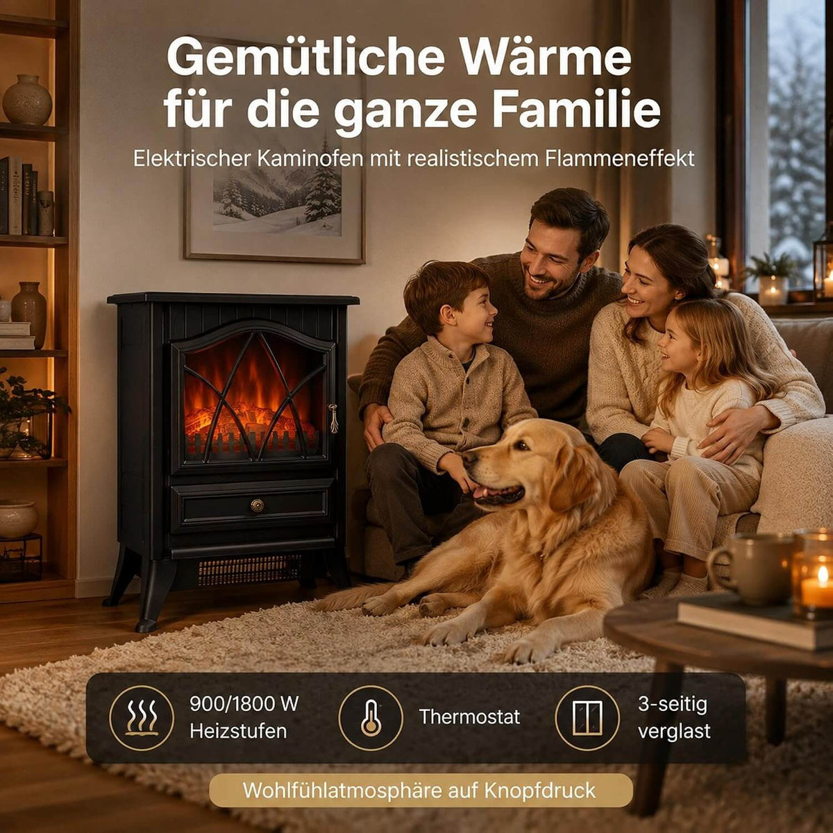 Garvee Freistehender Elektrokamin mit 3-seitiger Sicht, 900/1800 W Heizung, 3D-Multicolor-Flamme & Thermostat – mobil aufstellbar